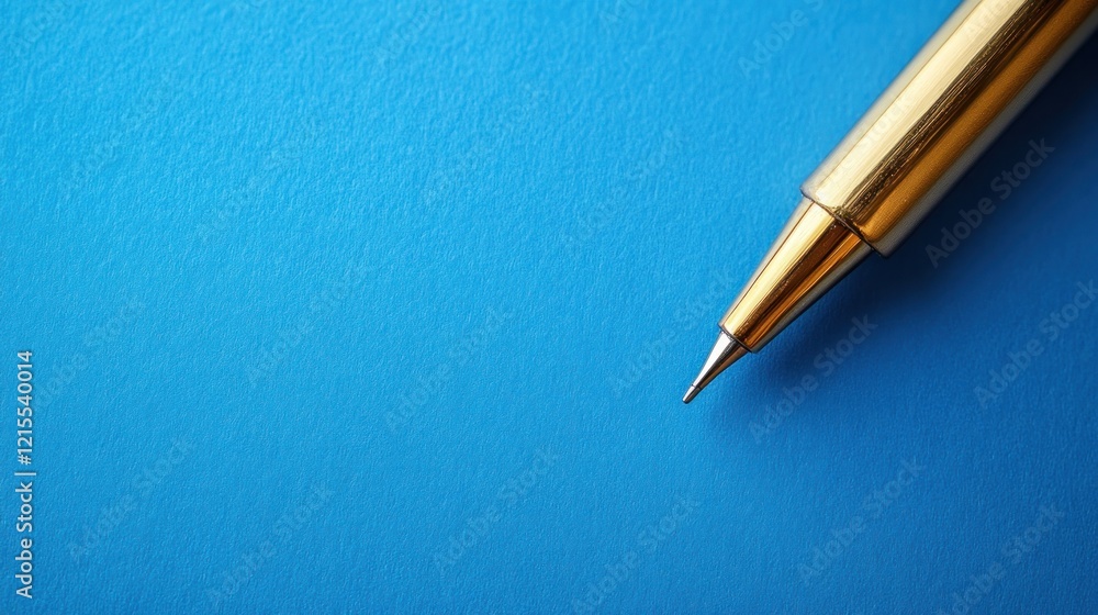 Writing action with a golden pen on blue background still life minimalist close-up Writing action with a golden pen on blue background still life minimalist close-up