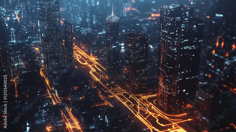 Smart digital Innovation city with connection network reciprocity over the twilight cityscape. of future smart wireless digital city and social media networking systems that connects people with city Smart digital Innovation city with connection network reciprocity over the twilight cityscape. of future smart wireless digital city and social media networking systems that connects people with city