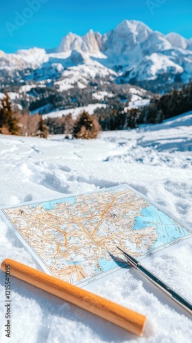 Sleigh route planner for snow trails mapping mountain region closeup view natural daylight outdoor adventure