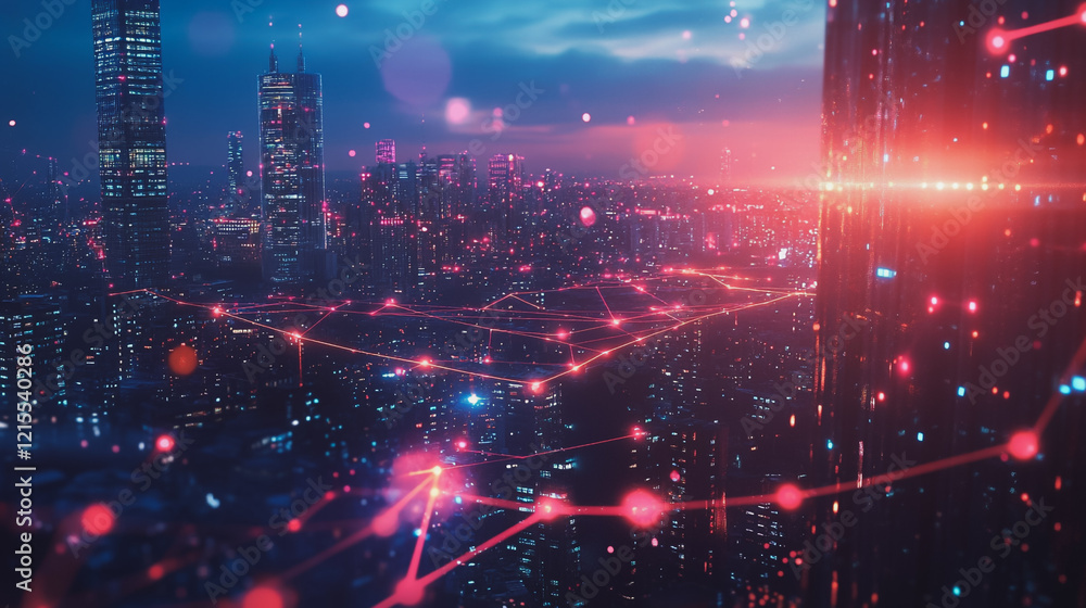 Smart digital Innovation city with connection network reciprocity over the twilight cityscape. of future smart wireless digital city and social media networking systems that connects people with city Smart digital Innovation city with connection network reciprocity over the twilight cityscape. of future smart wireless digital city and social media networking systems that connects people with city
