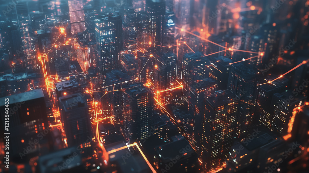 Smart digital Innovation city with connection network reciprocity over the twilight cityscape. of future smart wireless digital city and social media networking systems that connects people with city Smart digital Innovation city with connection network reciprocity over the twilight cityscape. of future smart wireless digital city and social media networking systems that connects people with city