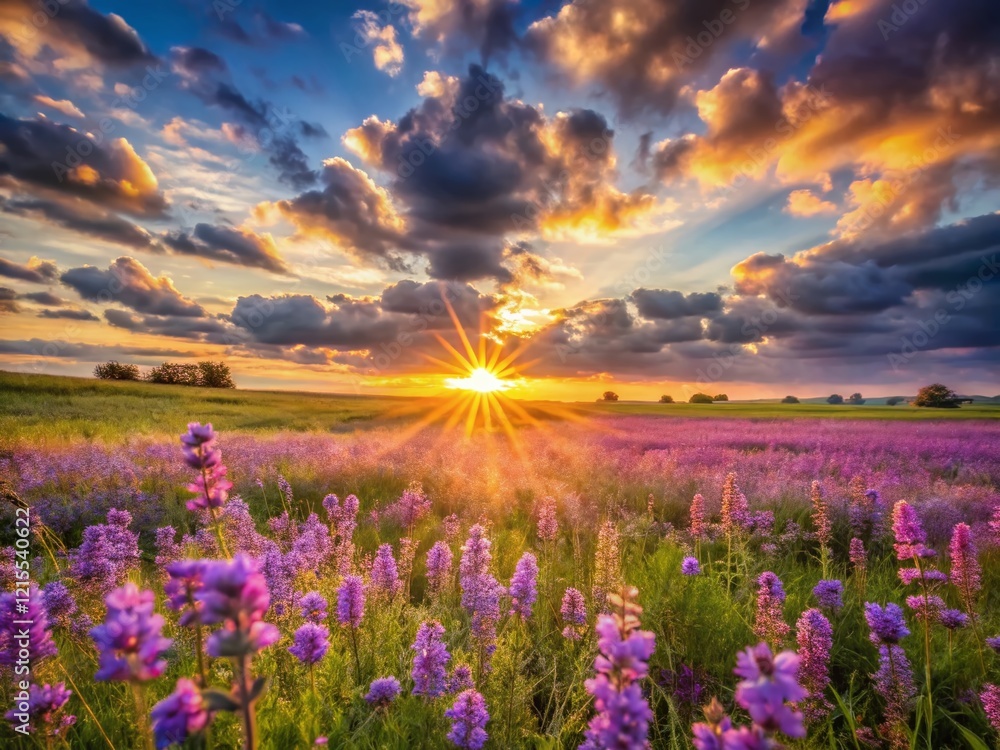 Obraz premium Spring Wildflowers Sunset Field - Purple Blooms at Golden Hour Slow Motion