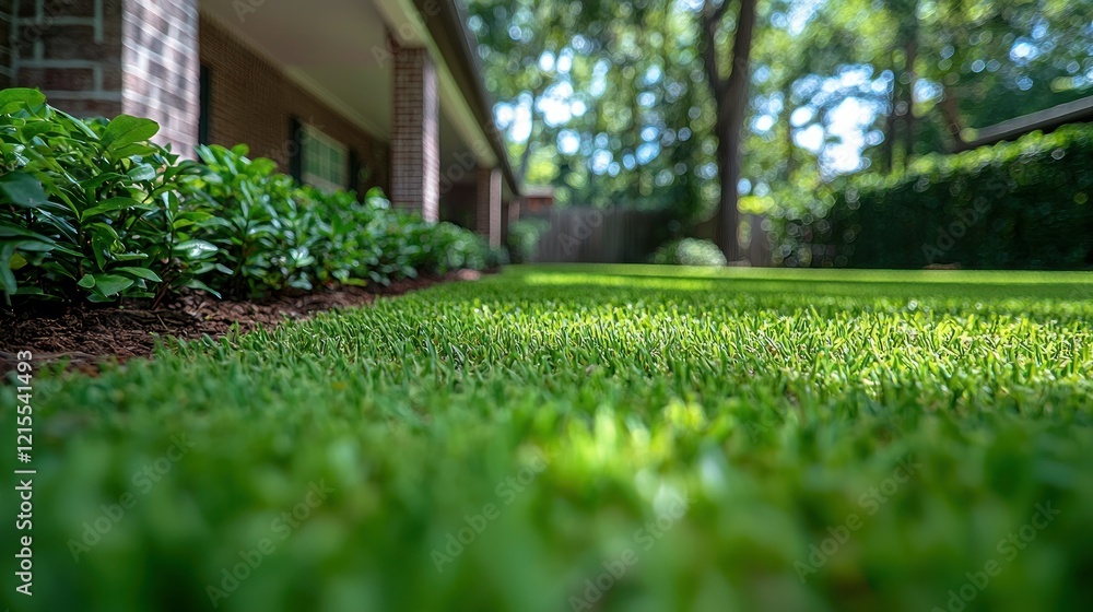Obraz premium Lush green lawn by house, sunny backyard garden