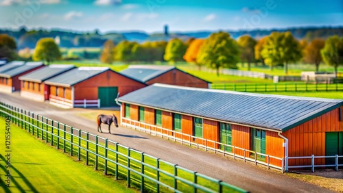 Tilt-Shift Miniature Newmarket Horse Stables & Gallop Track, Suffolk, UK photo