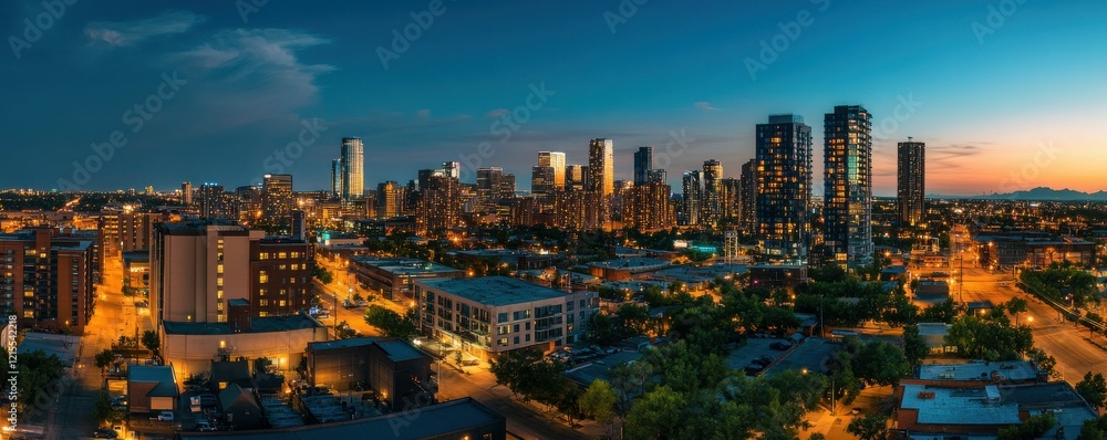 Fototapeta premium Urban skyline at dusk with illuminated buildings in cityscape panorama