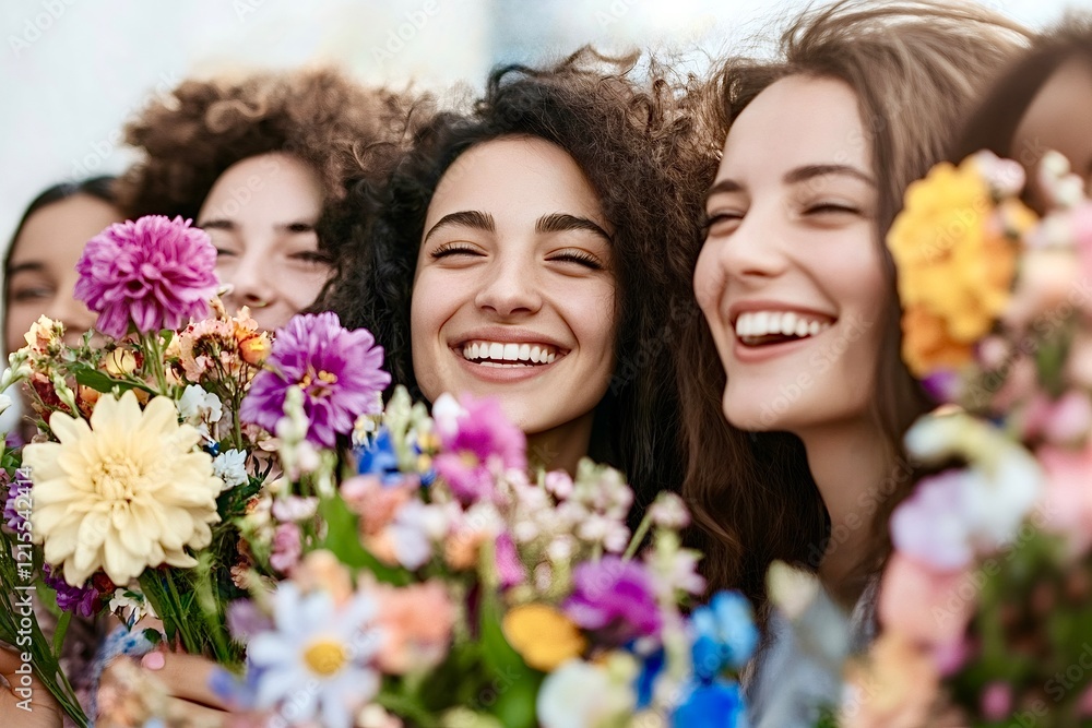 Fototapeta premium Cheerful young women holding colorful flower bouquets smiling together