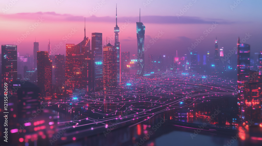 Obraz premium Smart digital Innovation city with connection network reciprocity over the twilight cityscape. of future smart wireless digital city and social media networking systems that connects people with city