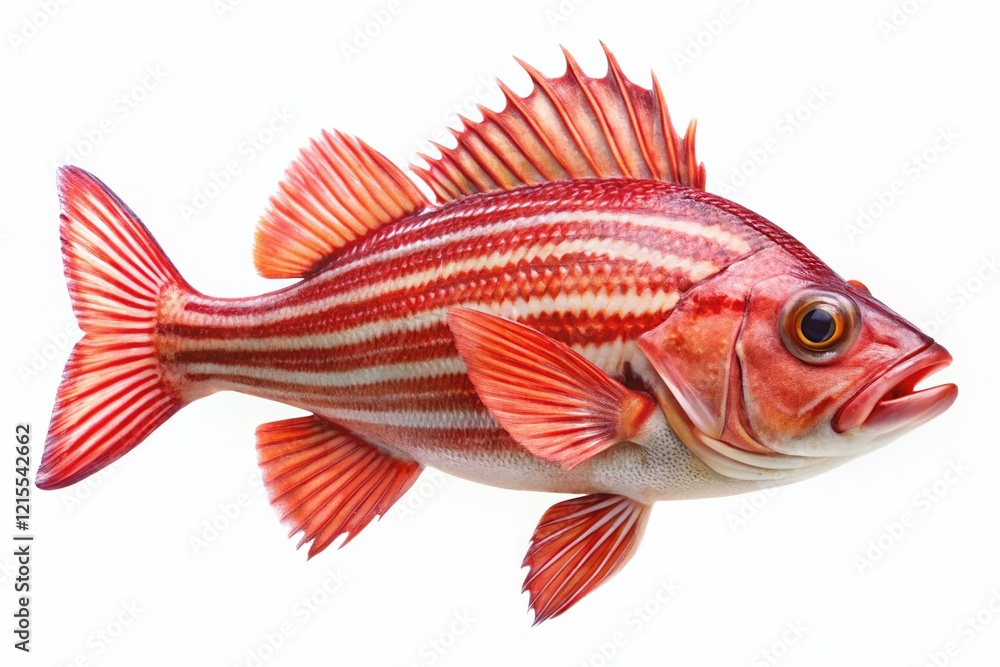 Fototapeta premium Striped Red Sea Bass, Isolated Fish, White Background, Seafood, Aquatic Life Stock Photo