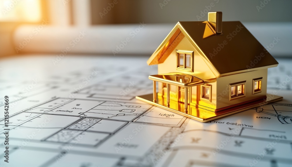 Golden house model sits on blueprints. Detailed house plan visible. Luxury home project. Real estate concept. Architecture, design. Building. Impressive property illustration. Modern building design Golden house model sits on blueprints. Detailed house plan visible. Luxury home project. Real estate concept. Architecture, design. Building. Impressive property illustration. Modern building design