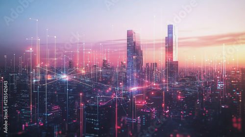 Wallpaper Mural Smart digital Innovation city with connection network reciprocity over the twilight cityscape. of future smart wireless digital city and social media networking systems that connects people with  city Torontodigital.ca