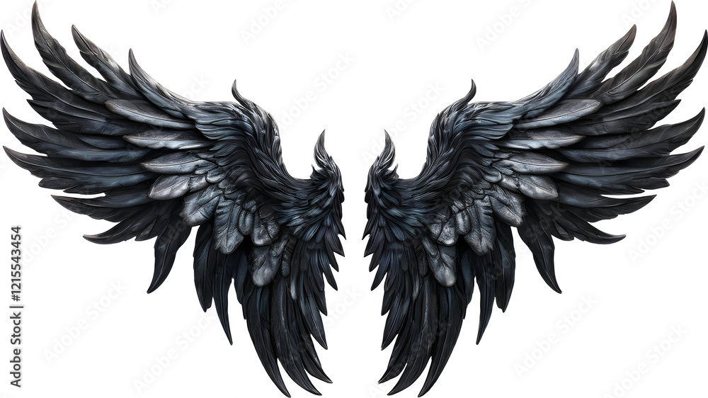 Obraz premium Fantasy dark black demon wings isolated on transparent background. Black angel wings mockup