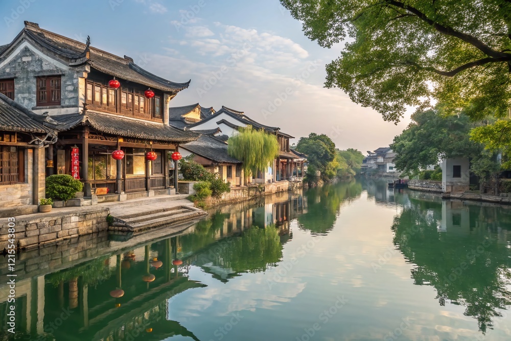 Tranquil Riverside Town: Serene Reflection in Traditional Architecture Tranquil Riverside Town: Serene Reflection in Traditional Architecture