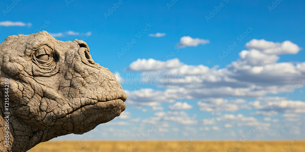 Dinosaur Head Profile Against Sky and Field Dinosaur Head Profile Against Sky and Field