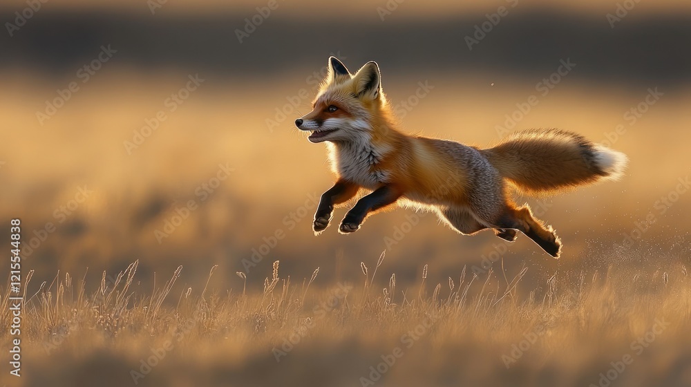 Red fox leaping, sunset grassland, wildlife, nature Red fox leaping, sunset grassland, wildlife, nature