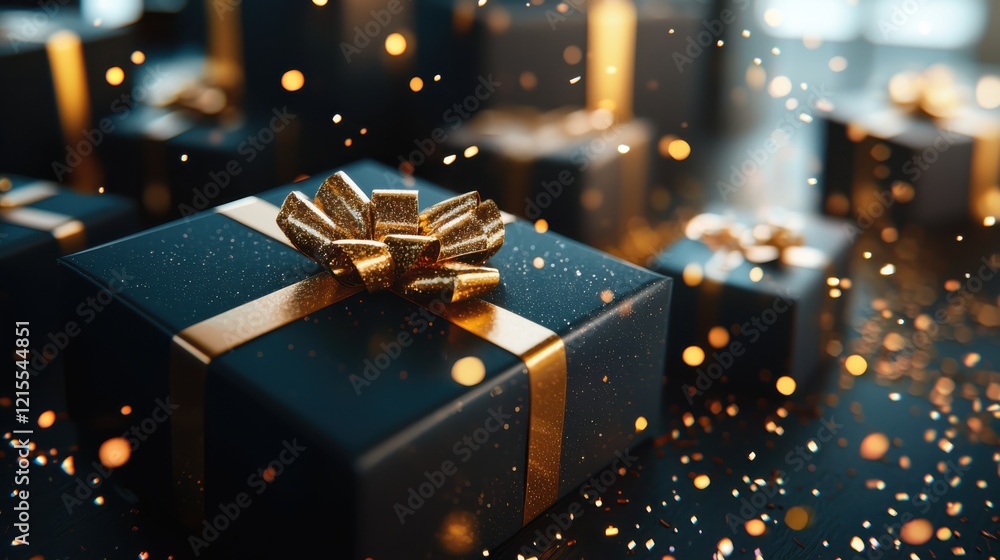 Elegant luxurious holiday gifts in a glowing setting gigapixel detail festive atmosphere tilted angle perspective Elegant luxurious holiday gifts in a glowing setting gigapixel detail festive atmosphere tilted angle perspective