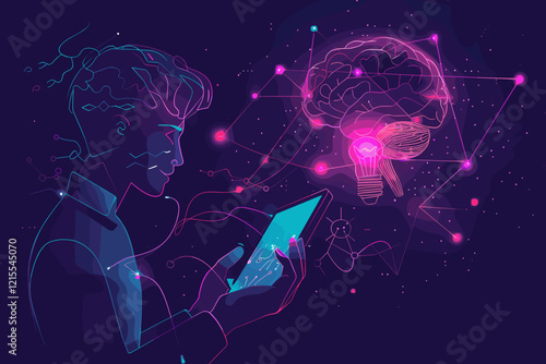 Innovative Future Technology with Human Holding Tablet and Light Bulb Brain Network Connection