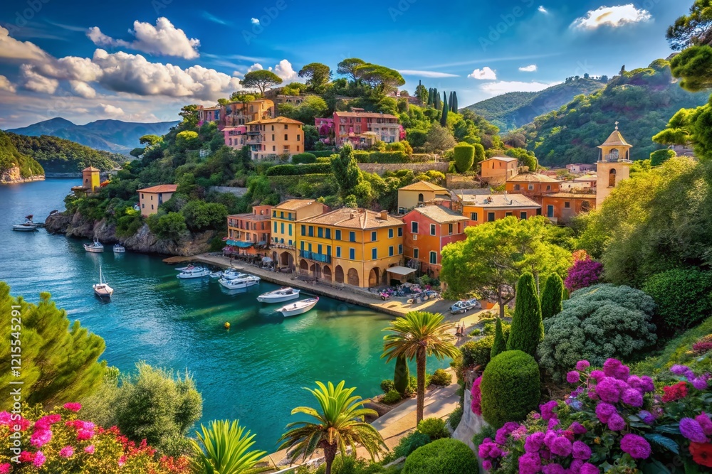 Fototapeta premium Stunning Panoramic View of Portofino Gardens, Italy - Lush Landscape, Mediterranean Coastline