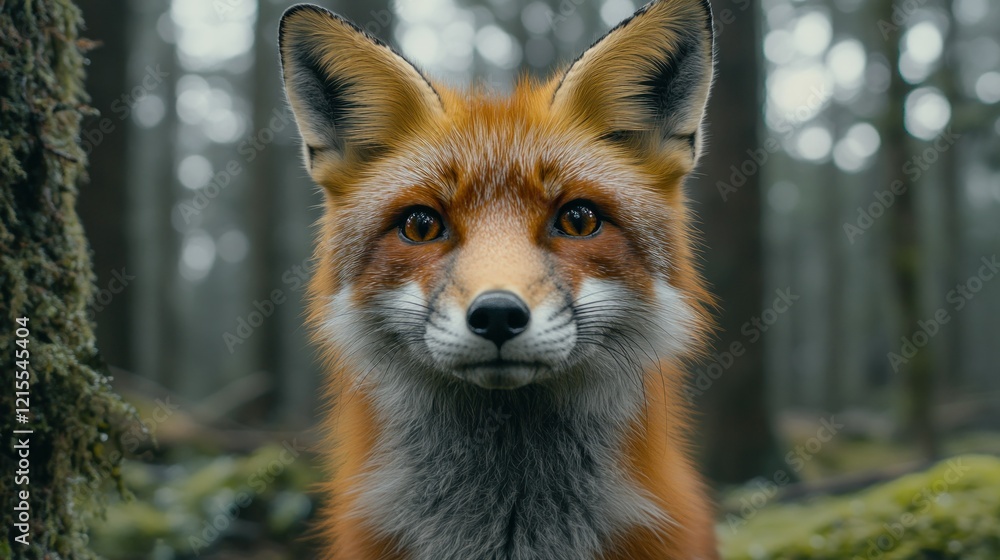 Fototapeta premium Red fox stares in forest, mossy ground, wildlife