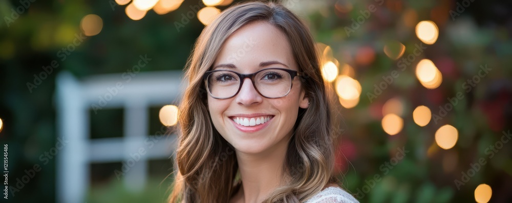 Caucasian young adult female smiling outdoors amid soft light bokeh