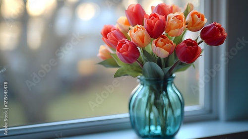 Wallpaper Mural A bouquet of colorful roses and tulips in a glass vase on a windowsill with soft natural light. The scene feels fresh, romantic, and perfect for ads, weddings, or articles about love and nature. Torontodigital.ca