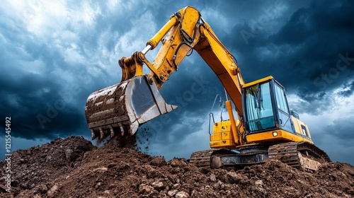 Excavator at demolishion site, AI generated photo