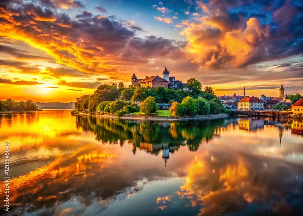 Fototapeta premium Stunning Sunset Cityscape: River Reflection, Island Silhouette, Vibrant Colors