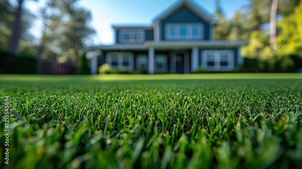 Lush green lawn in front of suburban house with trees Lush green lawn in front of suburban house with trees