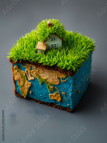 a cross-section of earth transformed into a cake slice, complete with a lush green lawn topping and a miniature house sitting quaintly on top, symbolizing eco-friendly living. photo