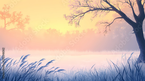 Frosted grass and tree branches in misty winter landscape at golden hour. Frosted Meadow. Illustration photo