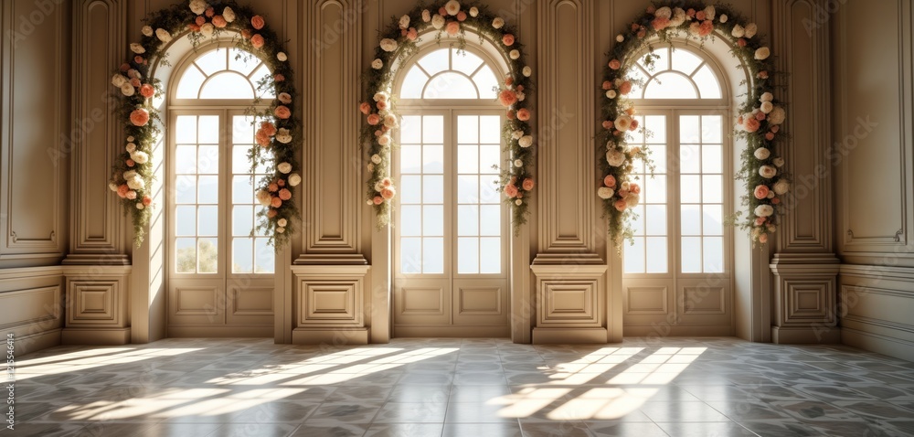 Obraz premium Luxury palace interior hall. Floral arches decorate large windows. Sunlight streams into room. Antique furniture, marble floor. Classic European style. Elegant, opulent design perfect for weddings,