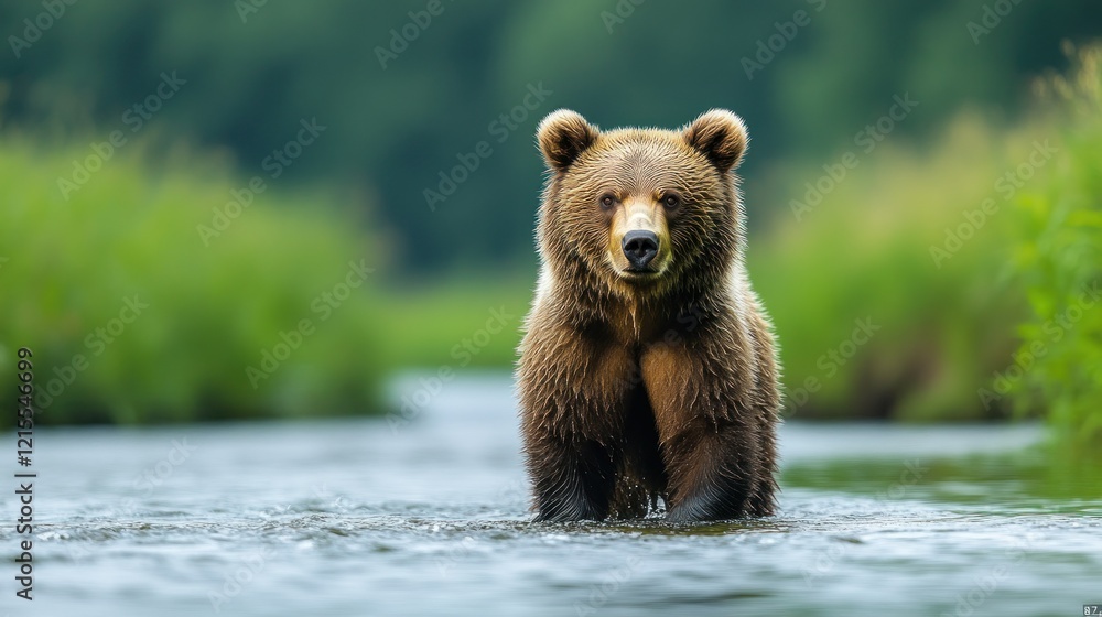 Fototapeta premium River Brown Bear, Forest Background, Wildlife, Nature