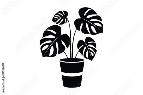 Monstera deliciosa plant in pot silhouette vector, potted plant vector silhouette vector Nature and Interior