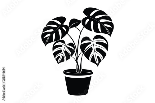Monstera deliciosa plant in pot silhouette vector, potted plant vector silhouette vector Nature and Interior