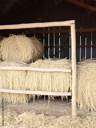 Hay stored in a building on a farm for agriculture, farming and ranching photo