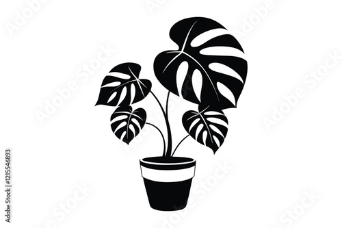 Monstera deliciosa plant in pot silhouette vector, potted plant vector silhouette vector Nature and Interior