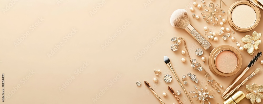 Fototapeta premium Elegant gold makeup and jewelry arrangement on beige background