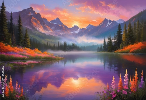 majestic sunrise over breathtaking mountain landscape vibrant colors serene nature elements, sky, clouds, horizon, sunlight, reflection, valley, scenic photo