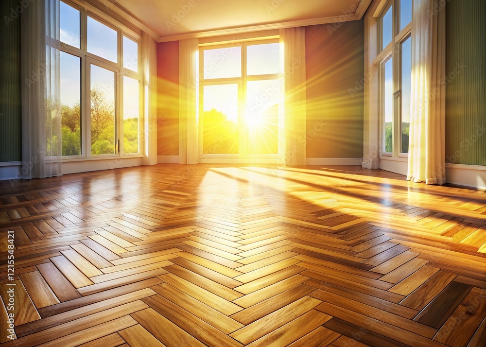 Fototapeta premium Sunbeams on Herringbone Wood Floor - Bright Room Interior Stock Photo