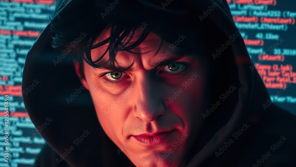 Intense Hacker Portrait Dark Hoodie Serious Face Green Eyes Cyber Security Digital Crime Technology Code Programming Mystery Suspense Intriguing Intense Hacker Portrait Dark Hoodie Serious Face Green Eyes Cyber Security Digital Crime Technology Code Programming Mystery Suspense Intriguing