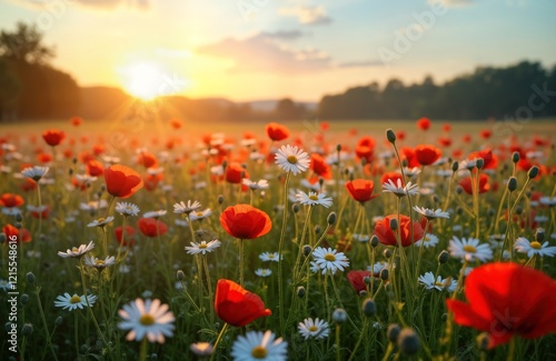 Colorful wildflowers in field at sunrise. Red poppies, white daisies bloom amidst green grass. Beautiful rural landscape scene. Warm sunlight lights flowers, soft clouds in sky. Scenic countryside photo