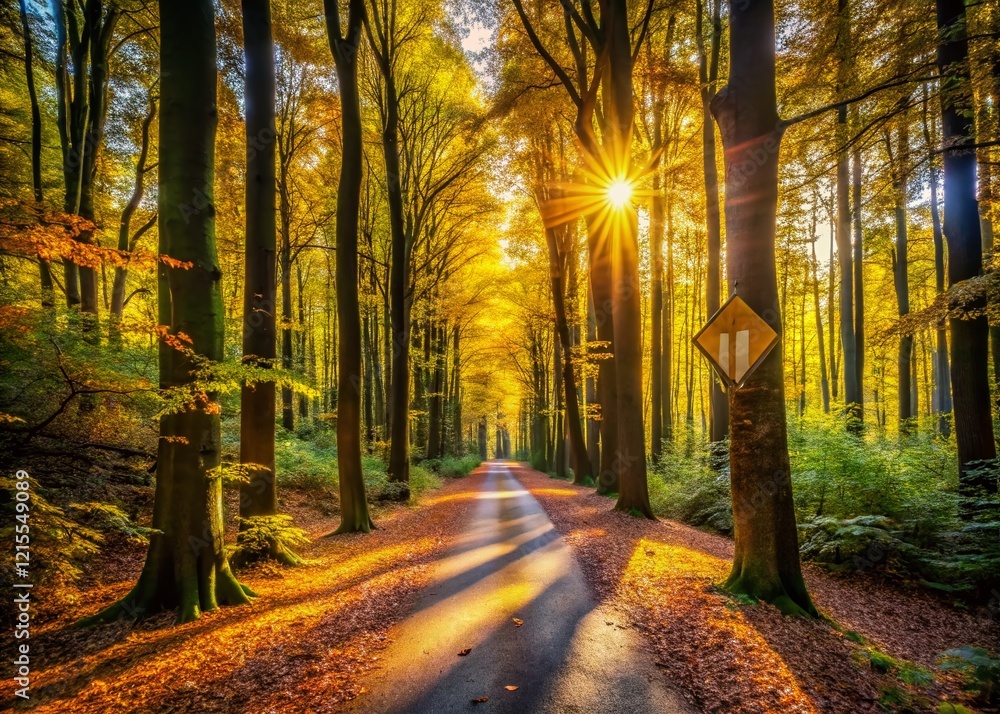 Sunlit Forest Path with Yellow Road Sign & Stickers - Panoramic Stock Photo Sunlit Forest Path with Yellow Road Sign & Stickers - Panoramic Stock Photo