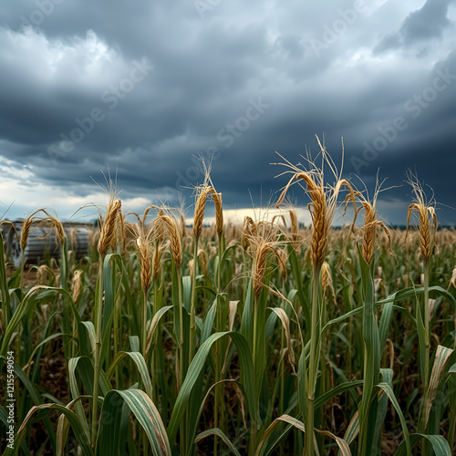 Withered crops in a field under a dark sky, symbolizing agricultural decline under austerity measures, economic crisis, depression, austerity measures photo