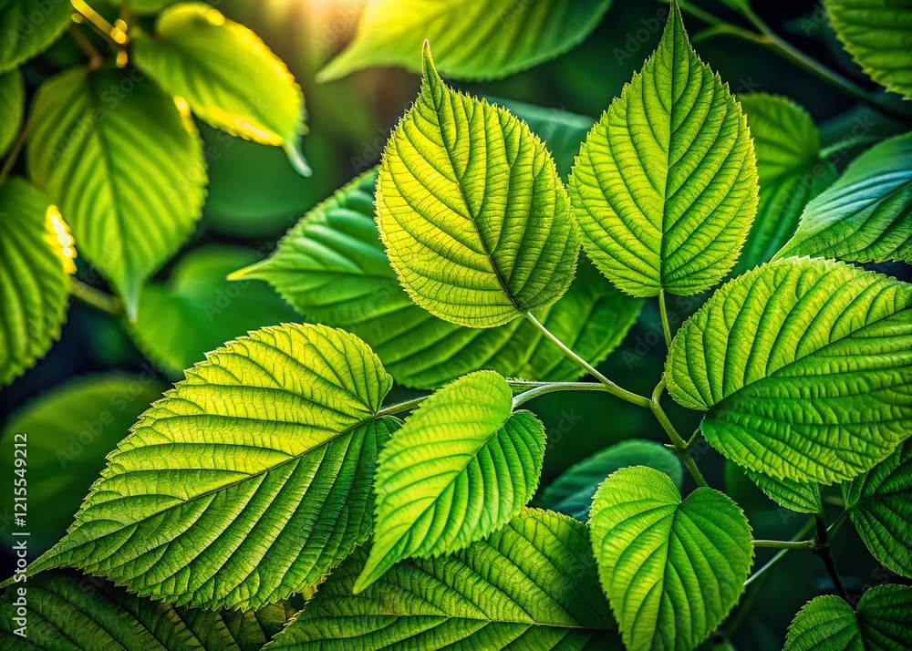 Sunlit Green Leaves: Vibrant Nature Photography - Low Light Detail Sunlit Green Leaves: Vibrant Nature Photography - Low Light Detail