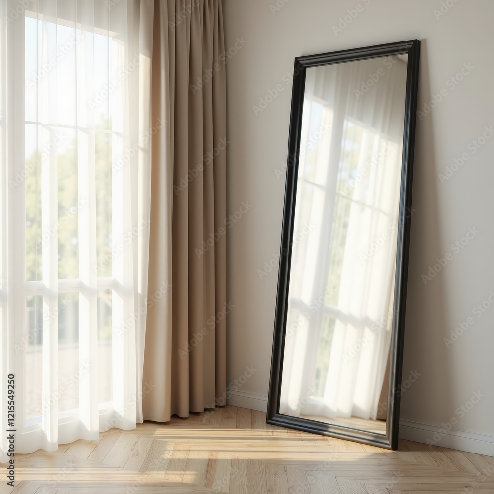 Fototapeta premium Full-length mirror reflecting sunlight through sheer curtains in a bright room. Ideal for interior design or fashion displays.