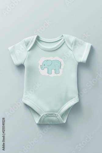 Light mint baby bodysuit with a cute elephant print, soft and breathable clothing for newborns and toddlers photo