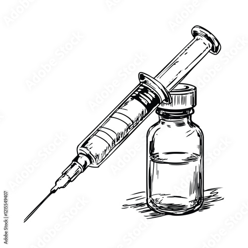 Hand-Drawn Vial and Injection Shot Needle Icon - Medical Treatment Illustration