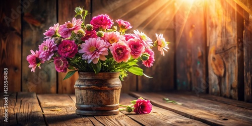 Sunlit Pink Flowers in Rustic Vase on Wooden Table - Spring Bouquet Stock Photo