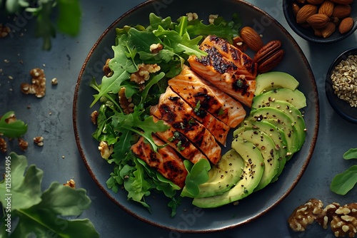 A grey surface featuring a plate of heart-healthy foods like grilled salmon, avocado, and leafy greens, surrounded by healthy snacks like walnuts and seeds, creating a clean and appealing look. photo