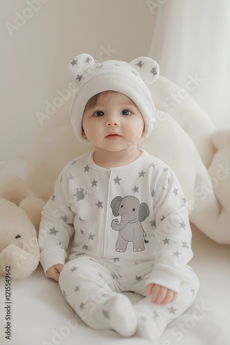 Adorable baby in a white elephant-print jumpsuit and matching hat, cozy outfit for newborns and toddlers photo