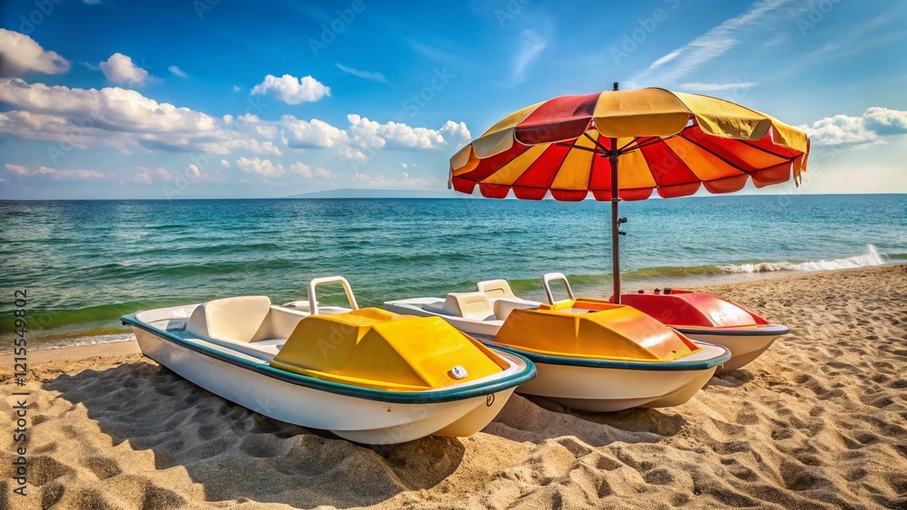 Sunny Beach Bulgaria: Folded Pedal Boats & Umbrellas on Black Sea Shore Sunny Beach Bulgaria: Folded Pedal Boats & Umbrellas on Black Sea Shore